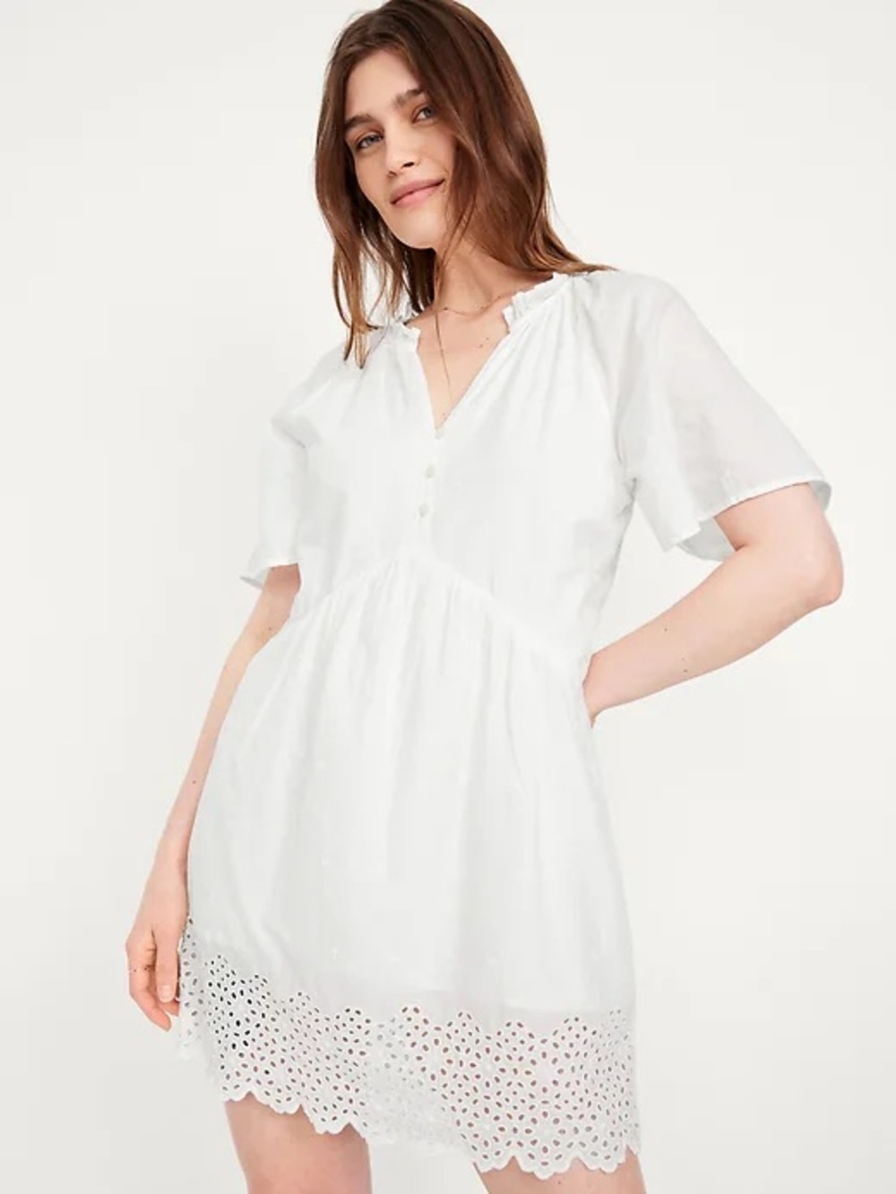 Old Navy White Split Neck Mini Eyelet Hem Cotton Babydoll Dress Size Large